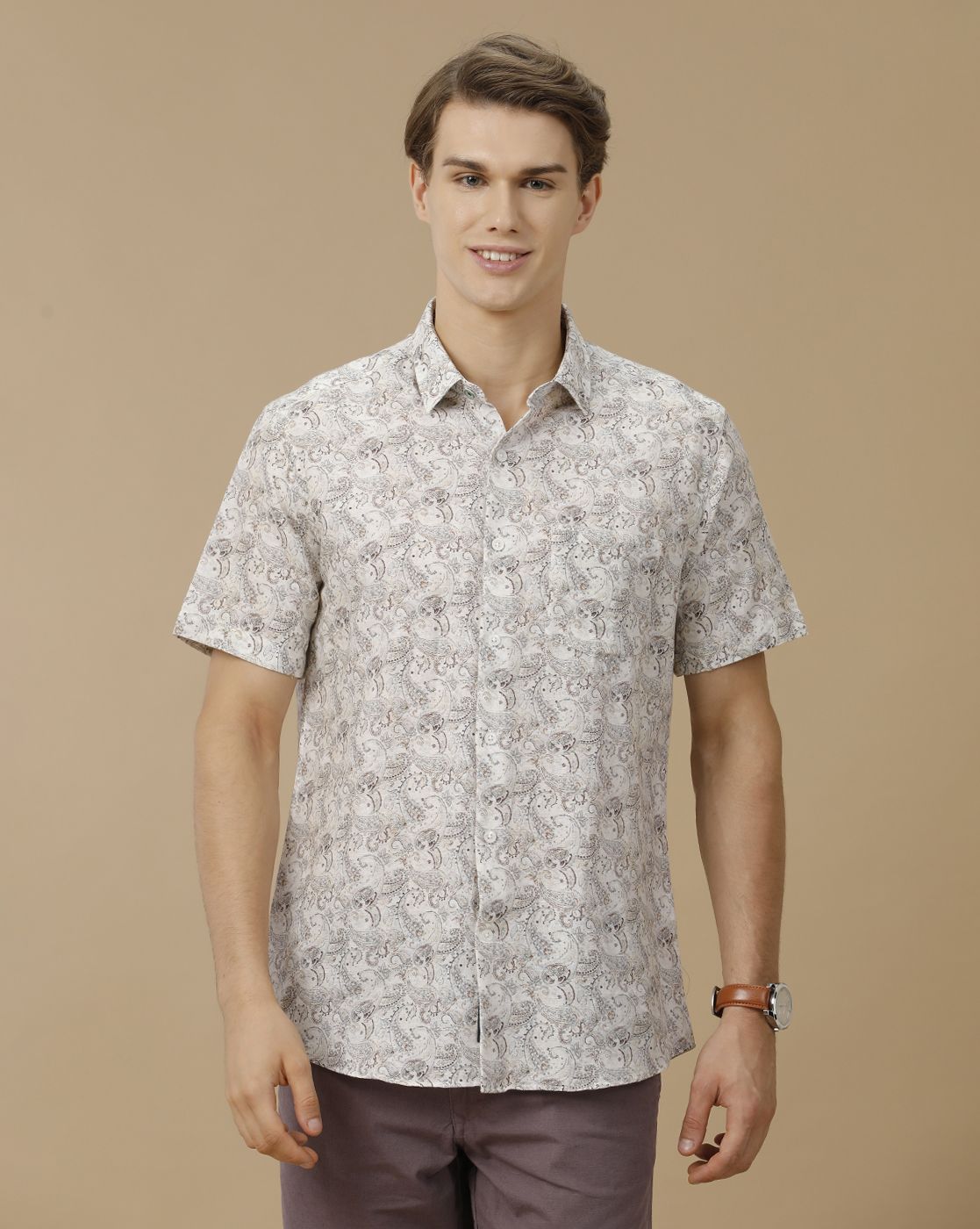 Men's Linen Rich Green Printed Contemporary Fit Half Sleeve Casual Shirt