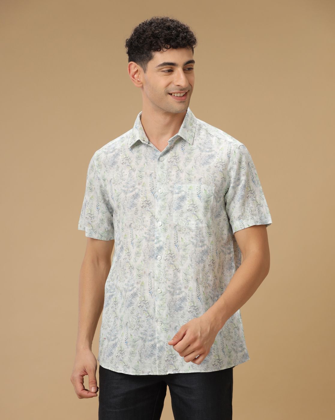 Men's Linen Rich Grey Printed Contemporary Fit Half Sleeve Casual Shirt