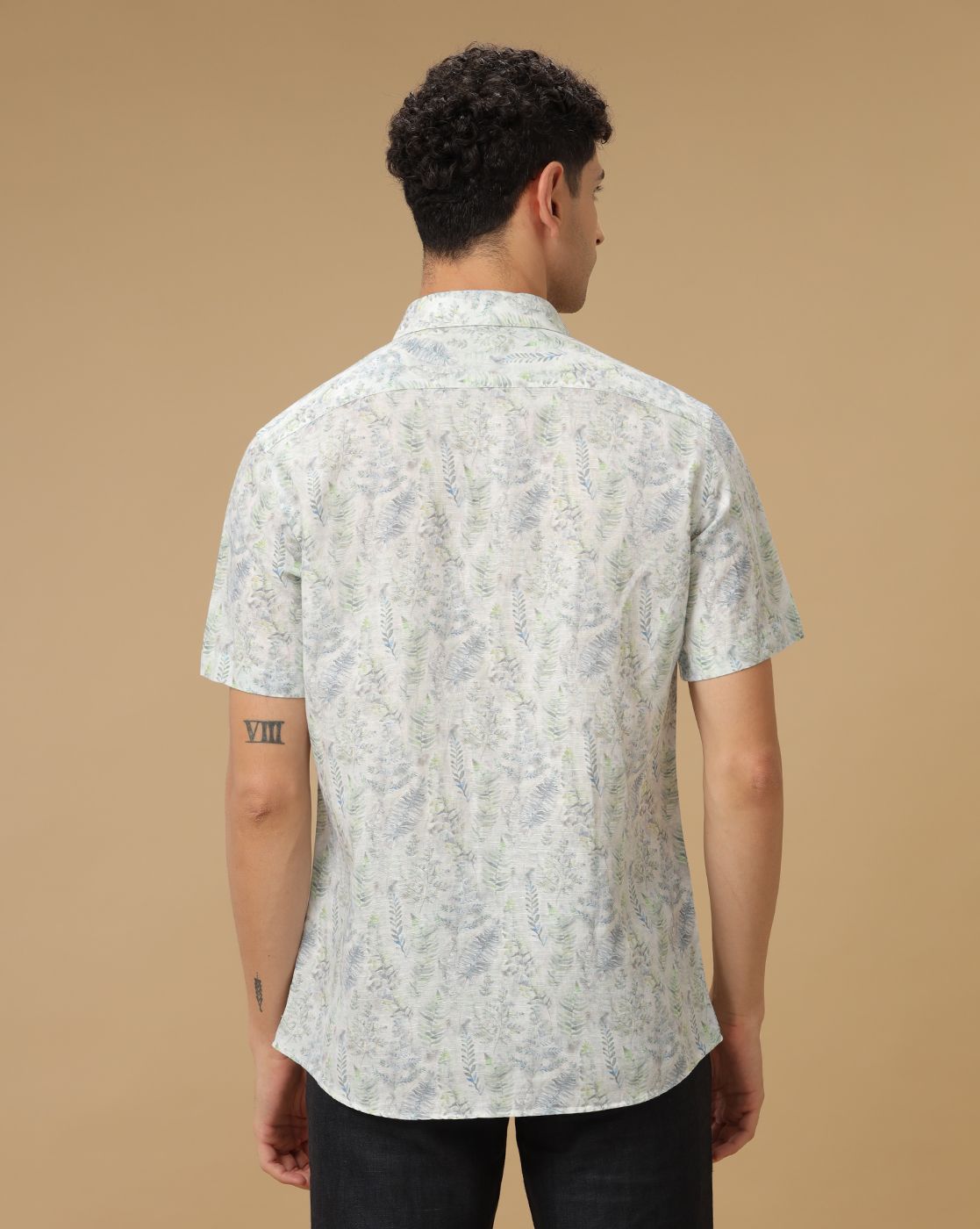 Men's Linen Rich Grey Printed Contemporary Fit Half Sleeve Casual Shirt