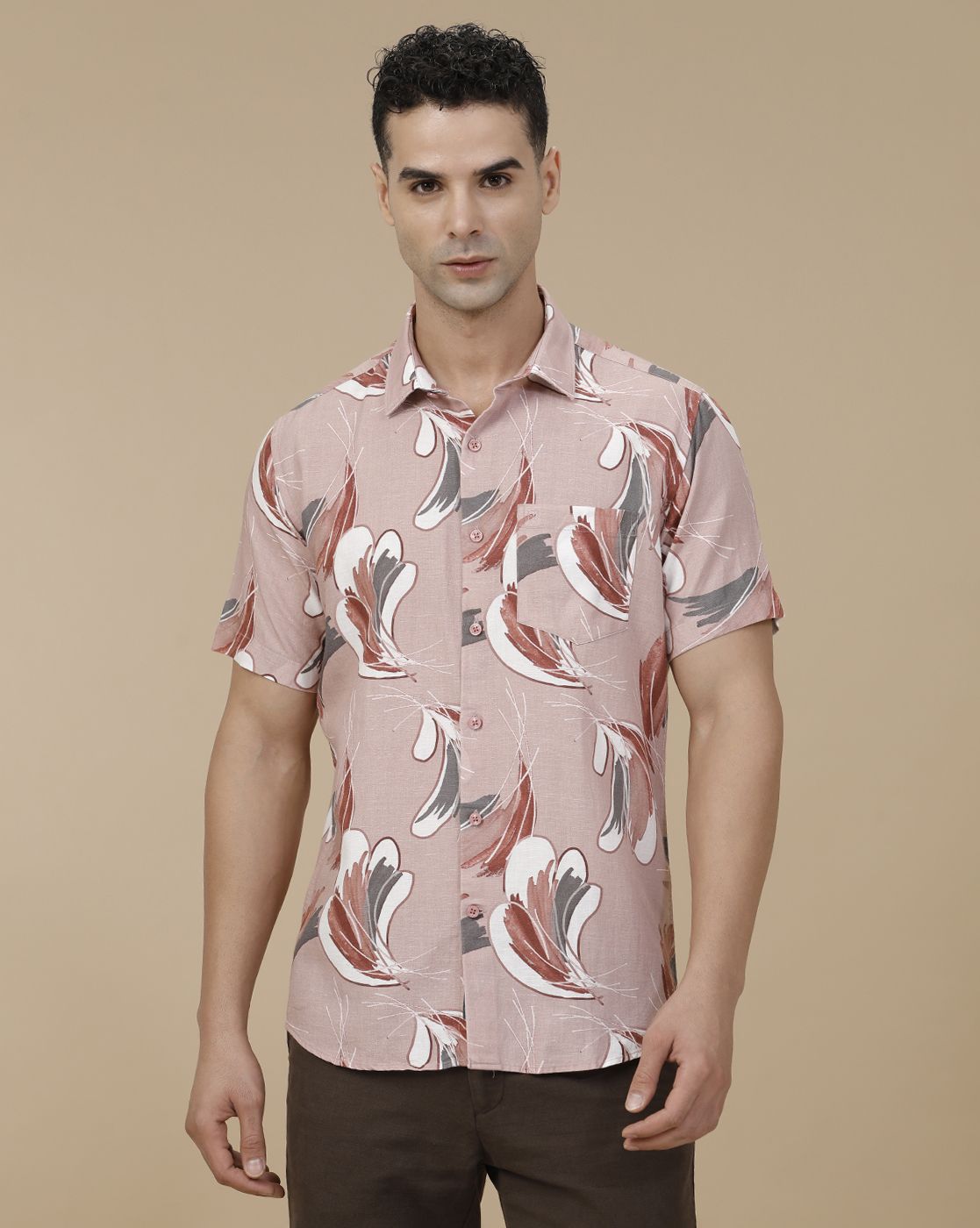 Linen Club Men's Linen Rich Pink Printed Contemporary Fit Full Sleeve Casual Shirt