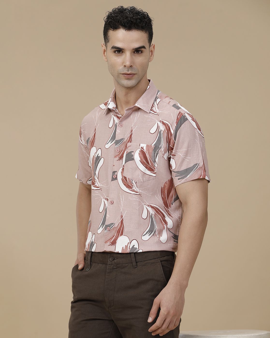 Linen Club Men's Linen Rich Pink Printed Contemporary Fit Full Sleeve Casual Shirt