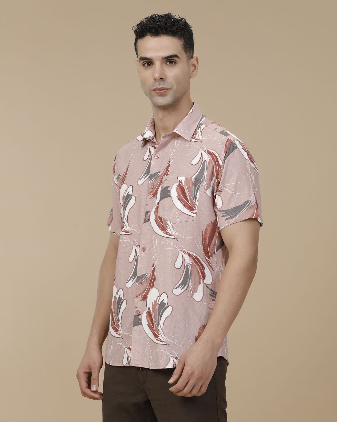 Linen Club Men's Linen Rich Pink Printed Contemporary Fit Full Sleeve Casual Shirt