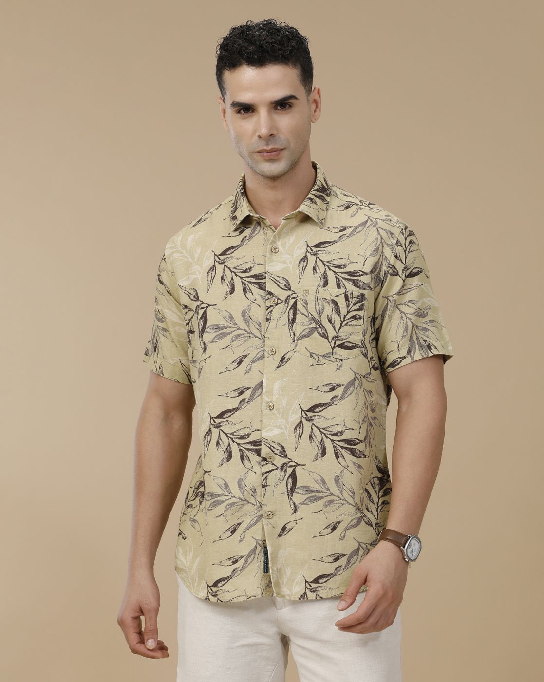Linen Club Men's Linen Rich Green Printed Contemporary Fit Full Sleeve Casual Shirt