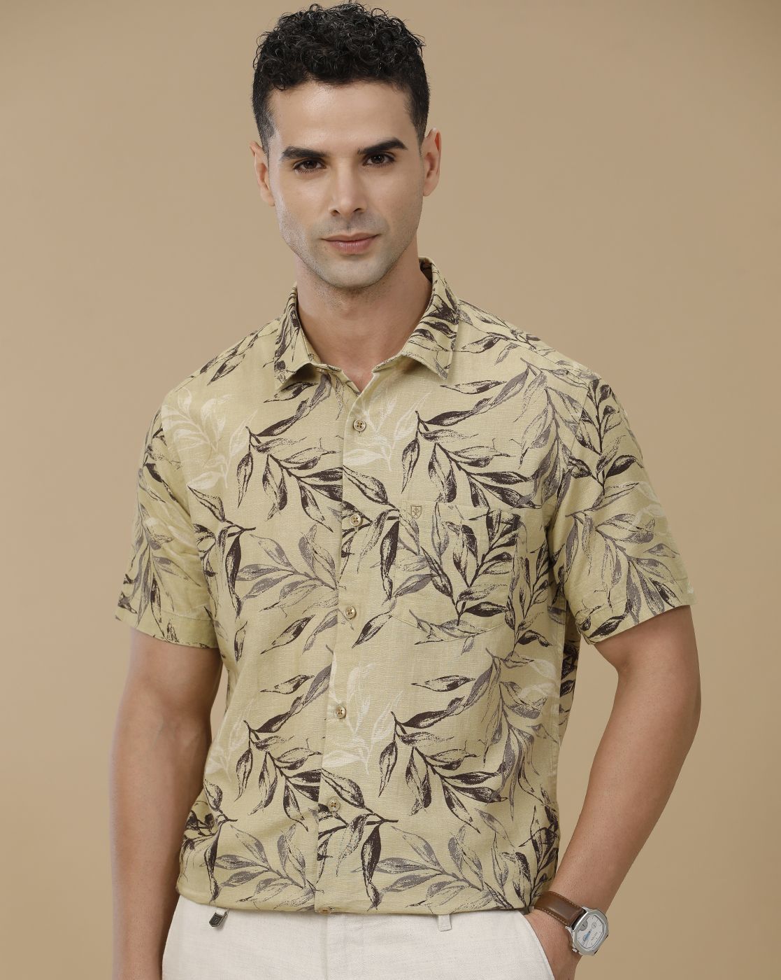 Linen Club Men's Linen Rich Green Printed Contemporary Fit Full Sleeve Casual Shirt