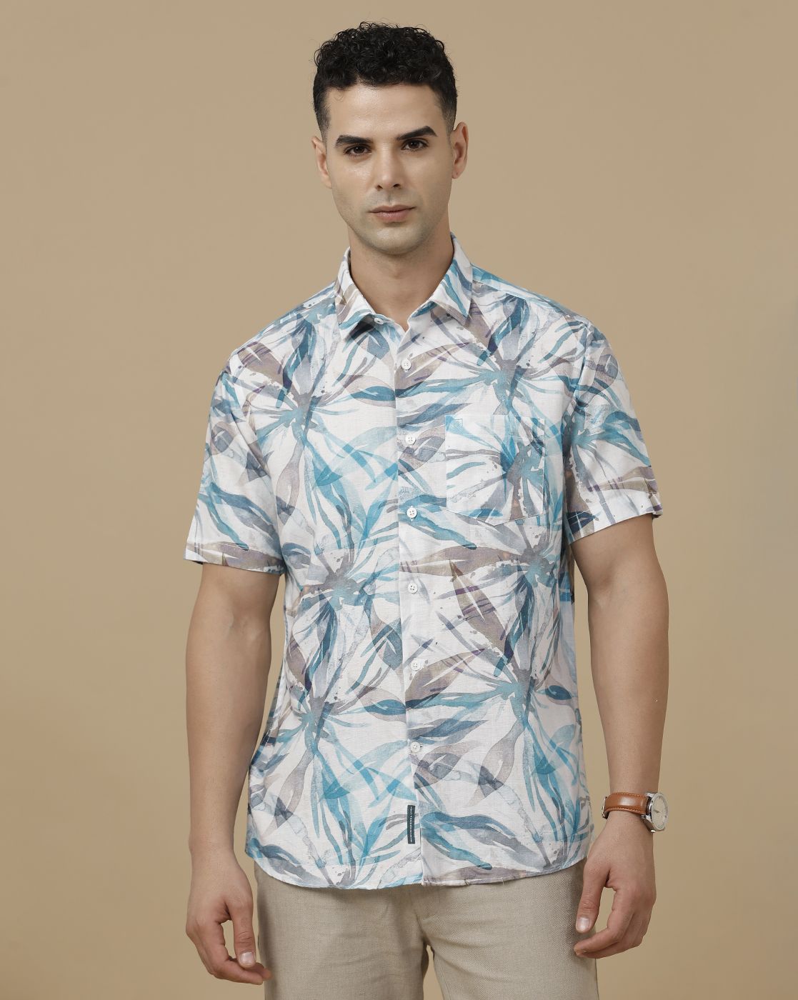 Linen Club Men's Linen Rich White Printed Contemporary Fit Full Sleeve Casual Shirt