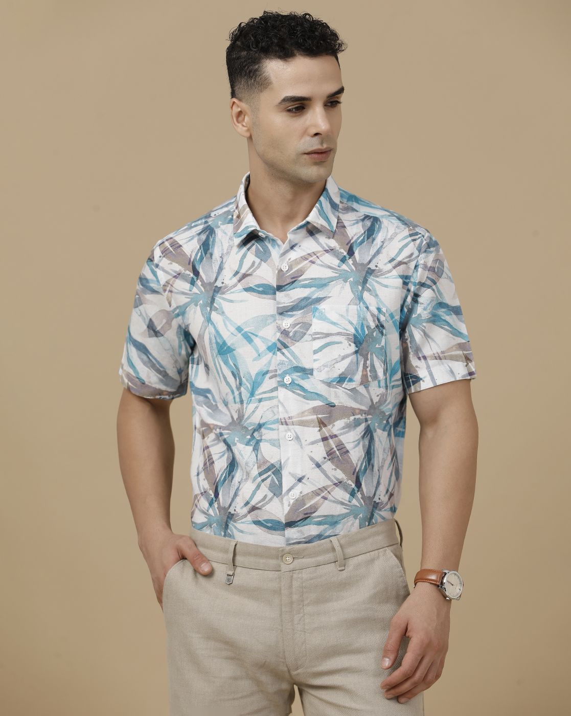 Linen Club Men's Linen Rich White Printed Contemporary Fit Full Sleeve Casual Shirt