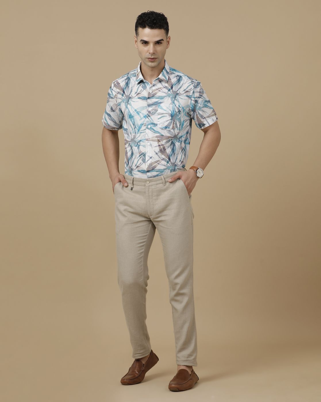 Linen Club Men's Linen Rich White Printed Contemporary Fit Full Sleeve Casual Shirt