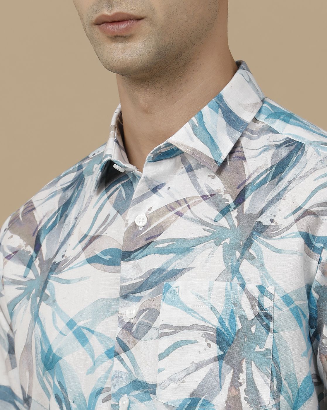 Linen Club Men's Linen Rich White Printed Contemporary Fit Full Sleeve Casual Shirt