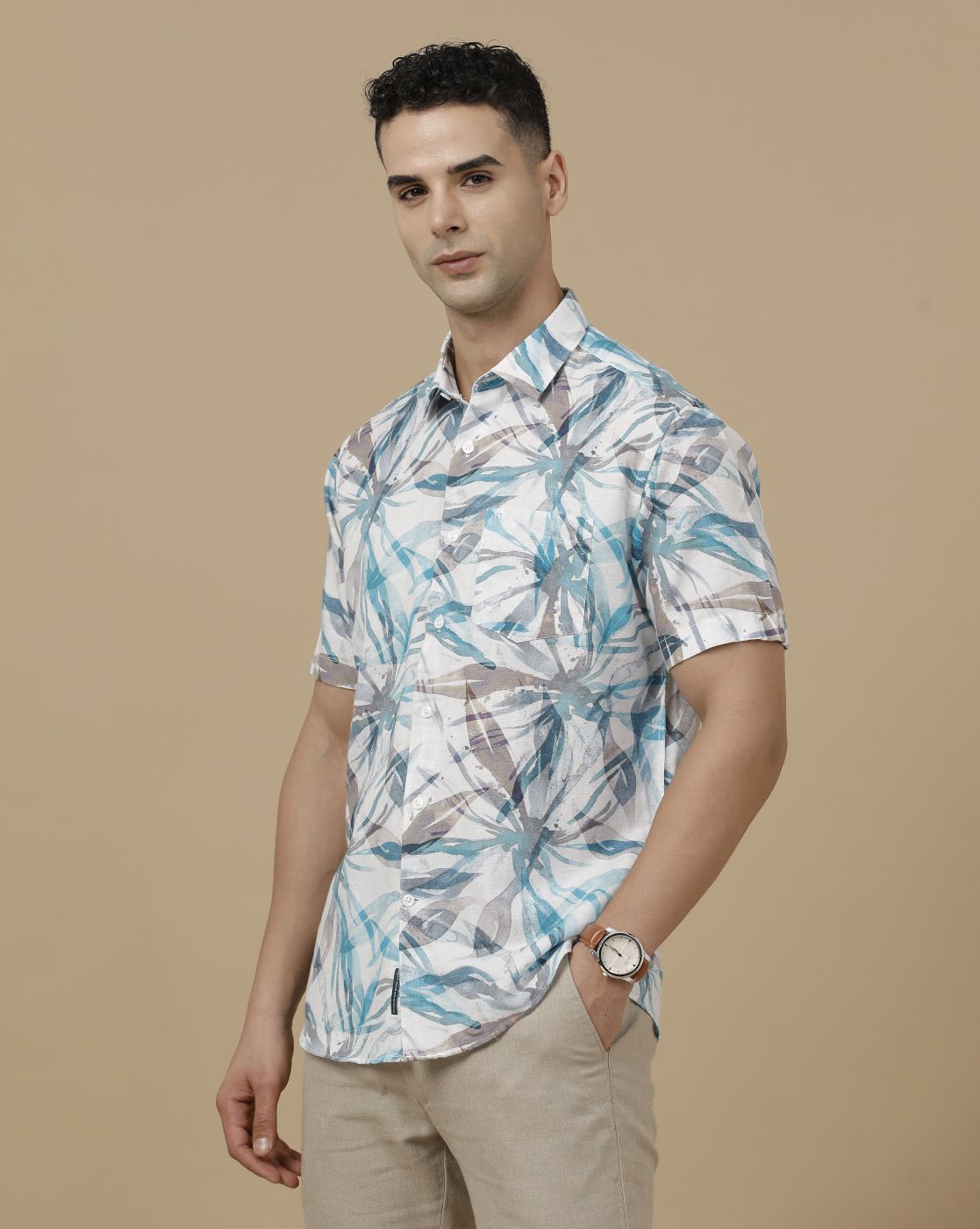 Linen Club Men's Linen Rich White Printed Contemporary Fit Full Sleeve Casual Shirt