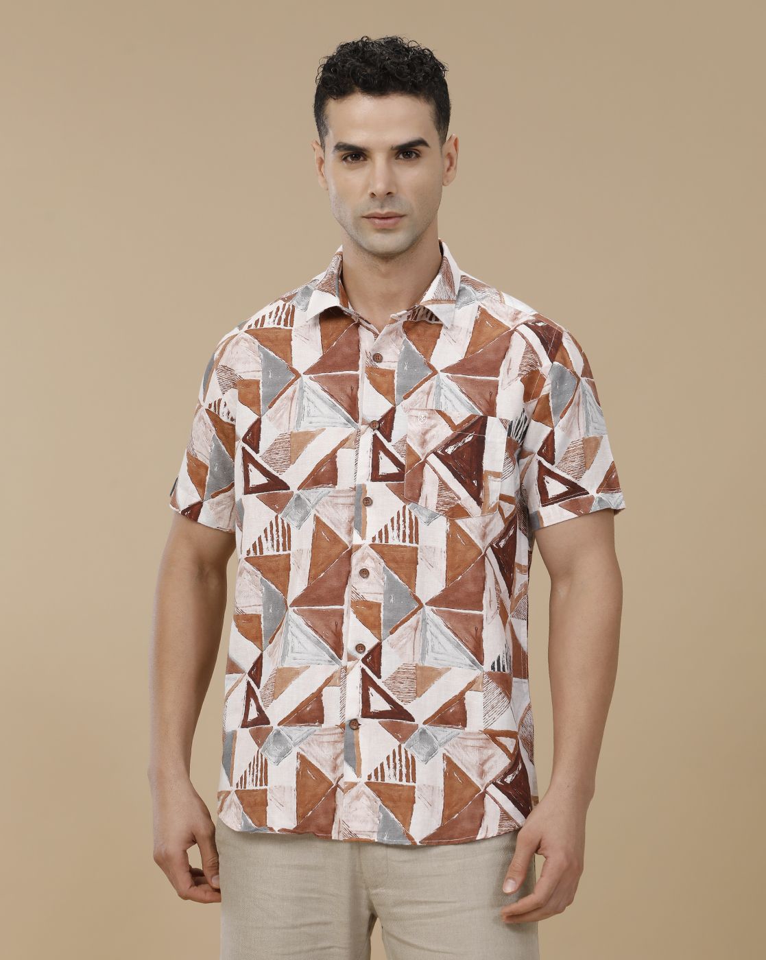 Linen Club Men's Linen Rich Brown Printed Contemporary Fit Full Sleeve Casual Shirt