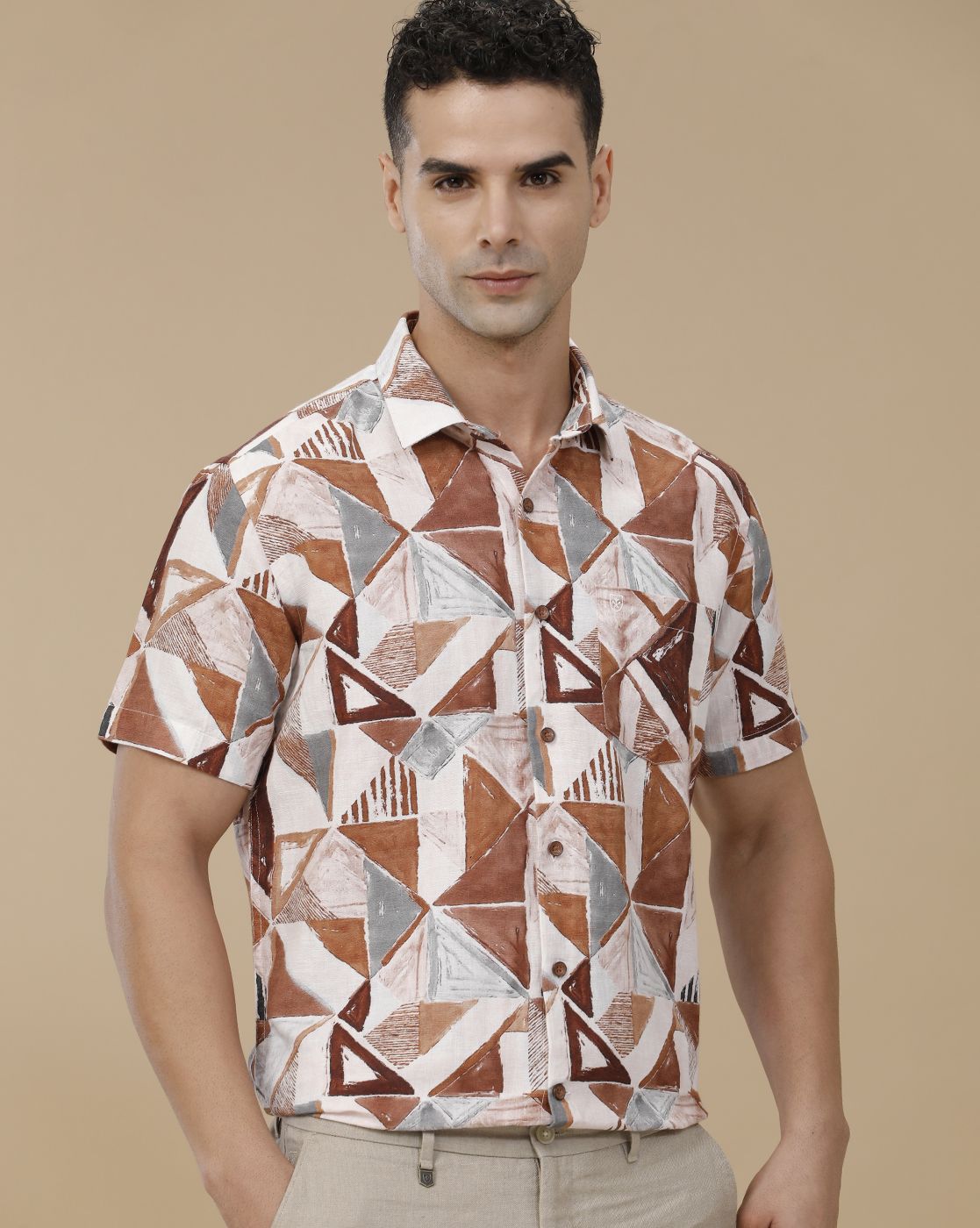 Linen Club Men's Linen Rich Brown Printed Contemporary Fit Full Sleeve Casual Shirt