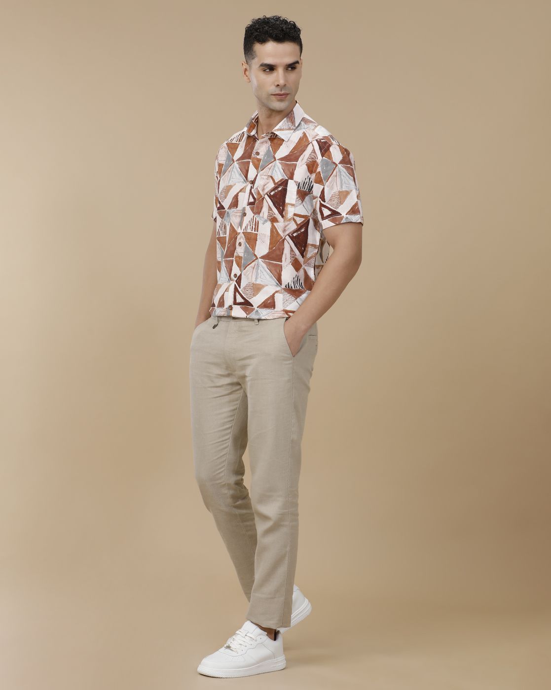 Linen Club Men's Linen Rich Brown Printed Contemporary Fit Full Sleeve Casual Shirt