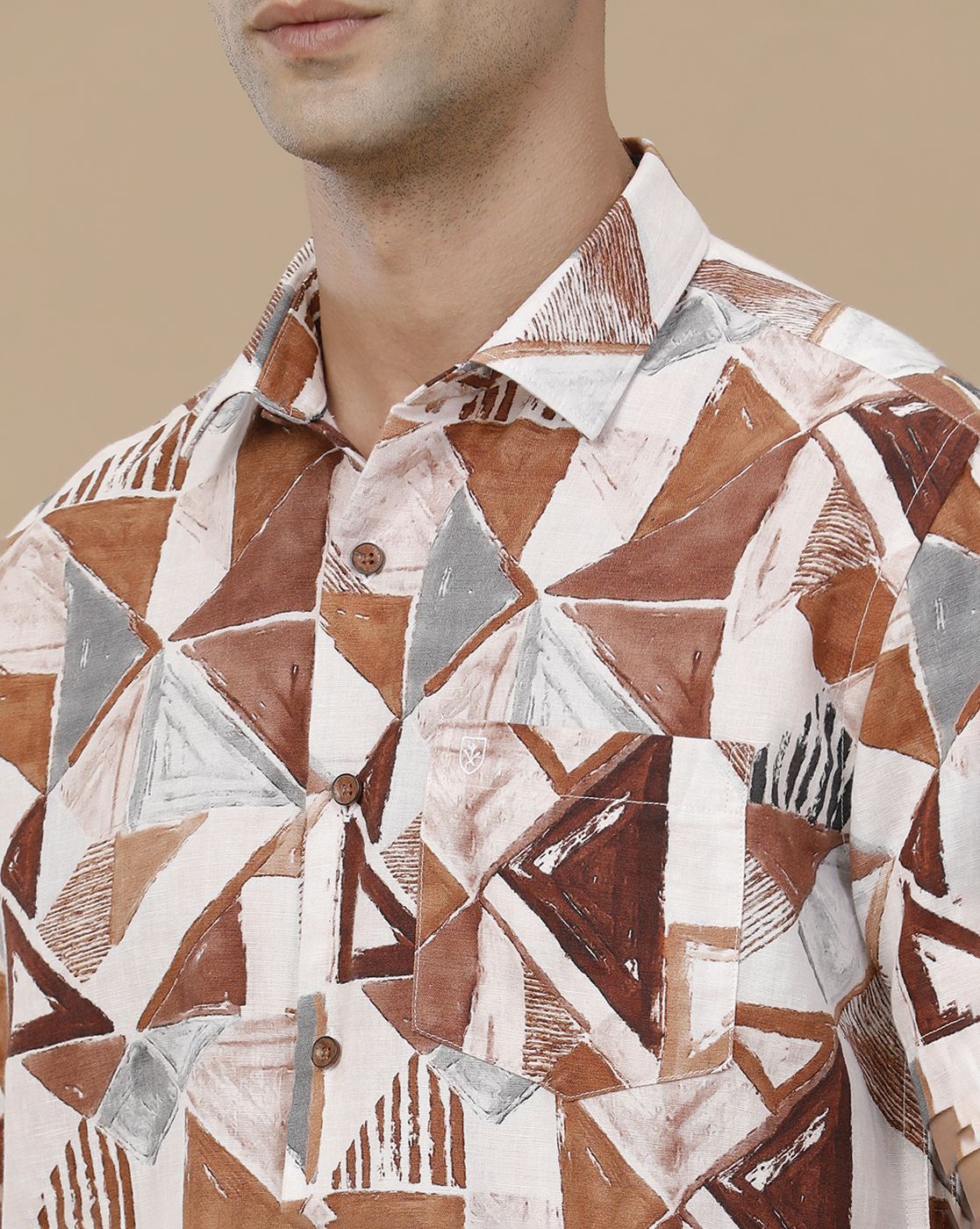 Linen Club Men's Linen Rich Brown Printed Contemporary Fit Full Sleeve Casual Shirt