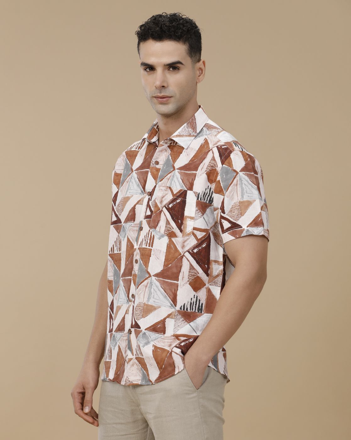Linen Club Men's Linen Rich Brown Printed Contemporary Fit Full Sleeve Casual Shirt
