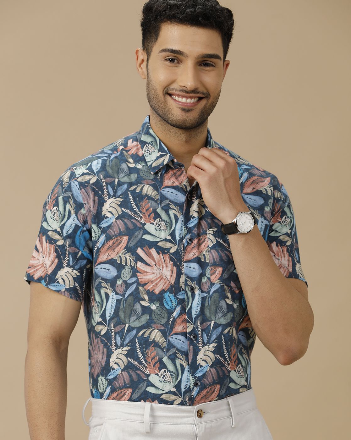 Men's Linen Rich Blue Printed Contemporary Fit Half Sleeve Casual Shirt