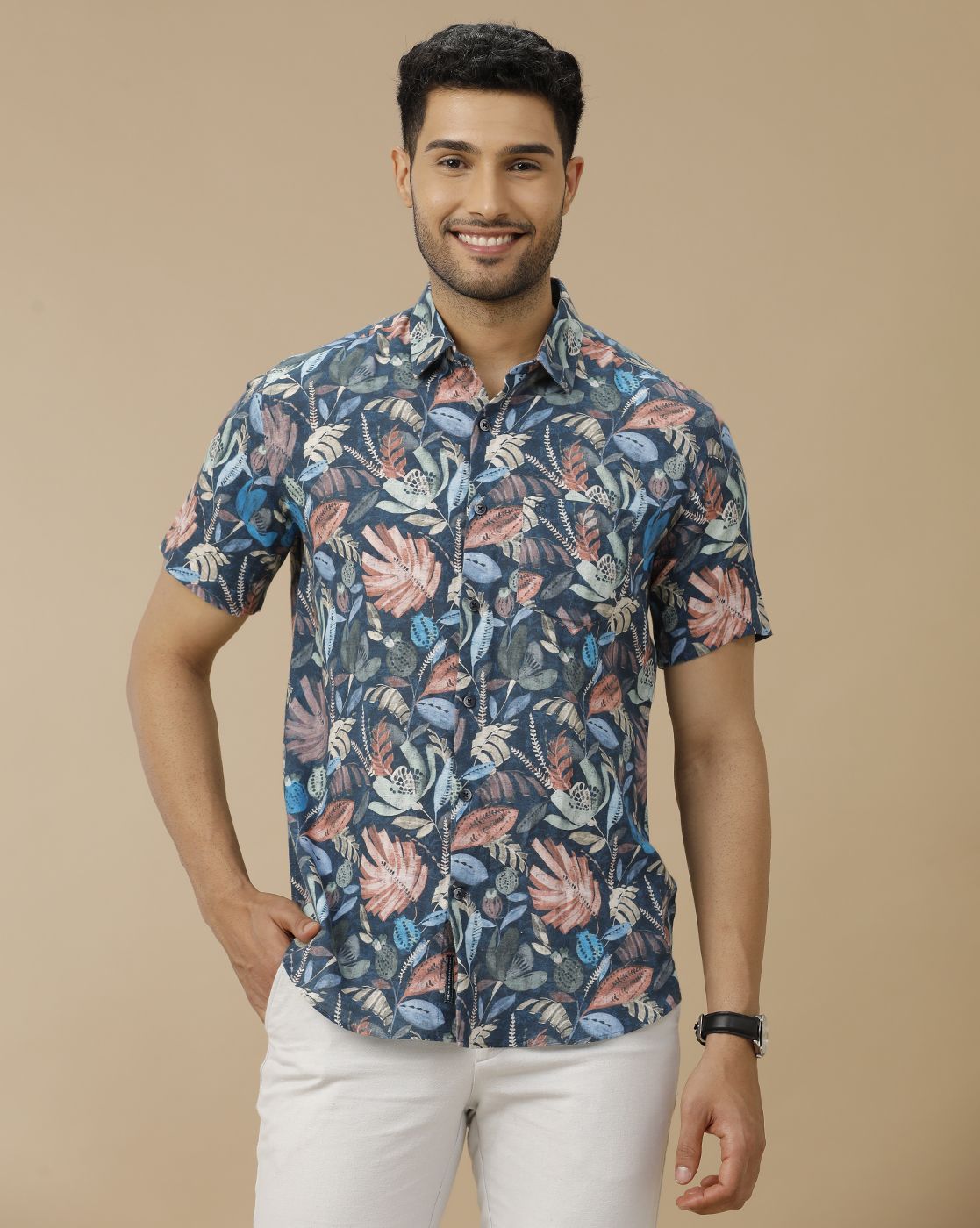 Men's Linen Rich Blue Printed Contemporary Fit Half Sleeve Casual Shirt