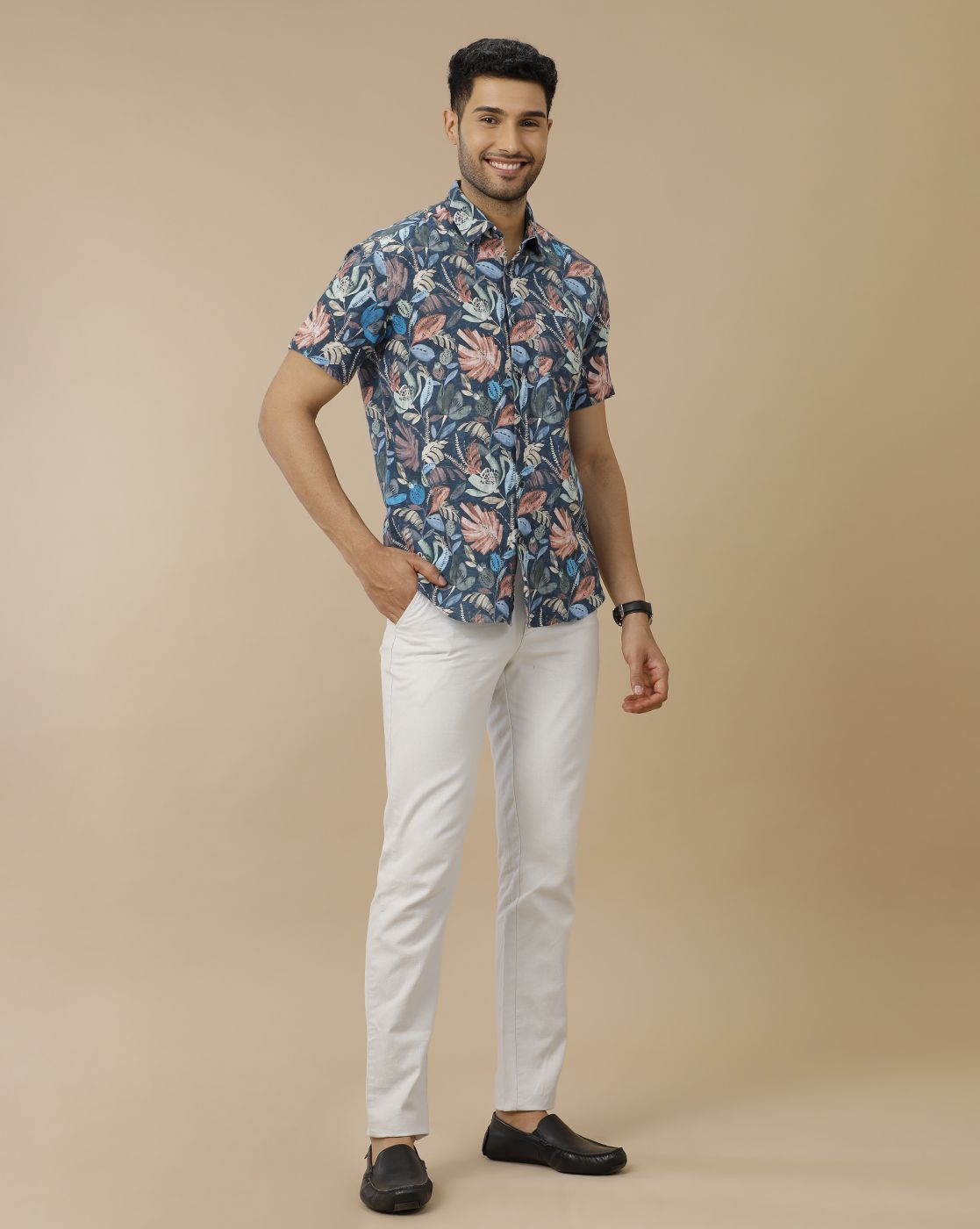 Men's Linen Rich Blue Printed Contemporary Fit Half Sleeve Casual Shirt