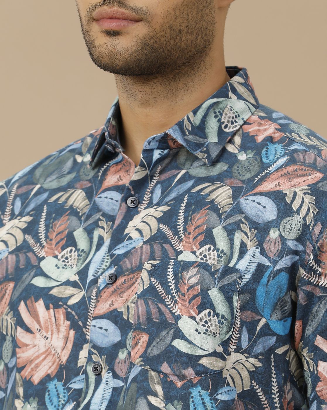Men's Linen Rich Blue Printed Contemporary Fit Half Sleeve Casual Shirt