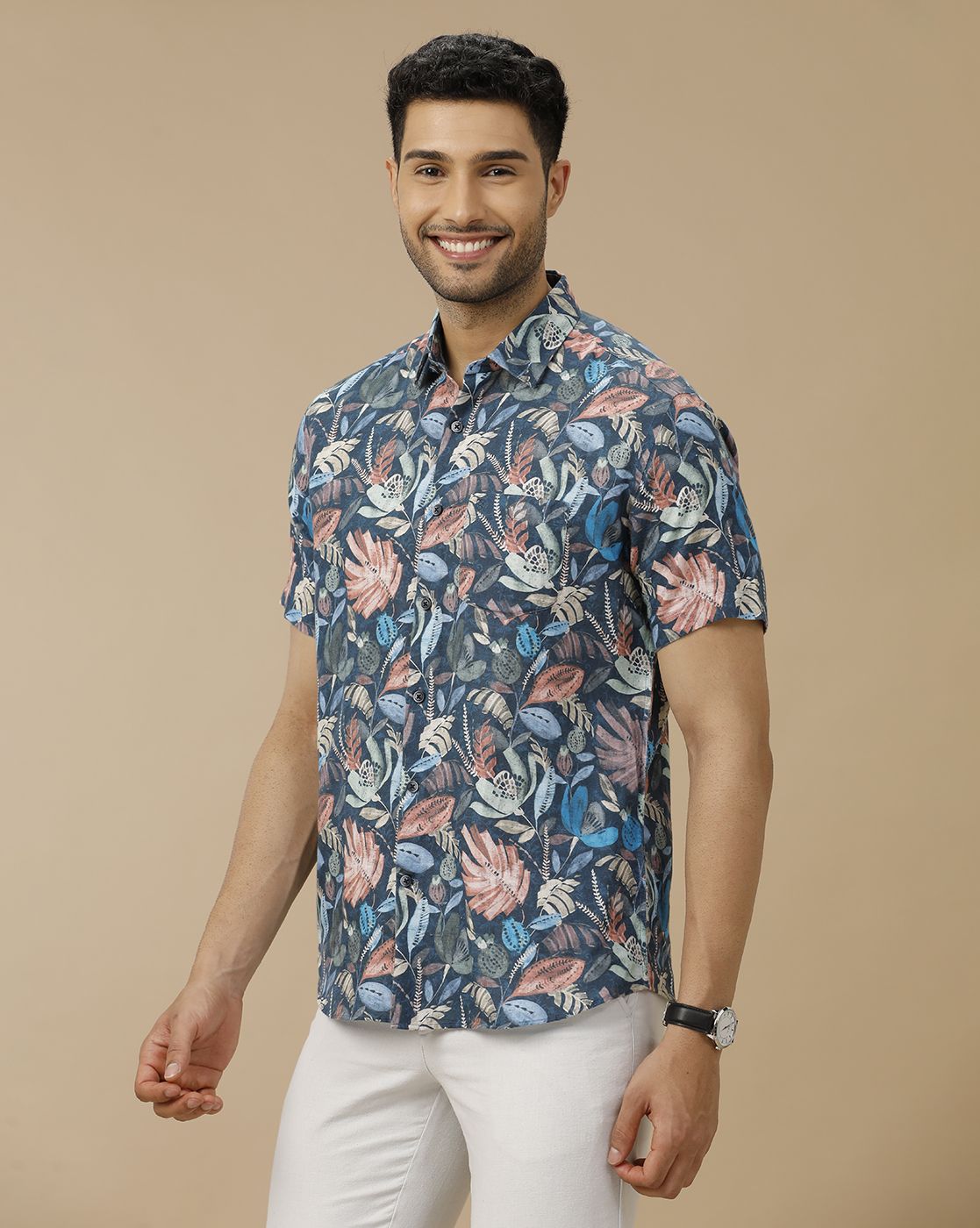 Men's Linen Rich Blue Printed Contemporary Fit Half Sleeve Casual Shirt