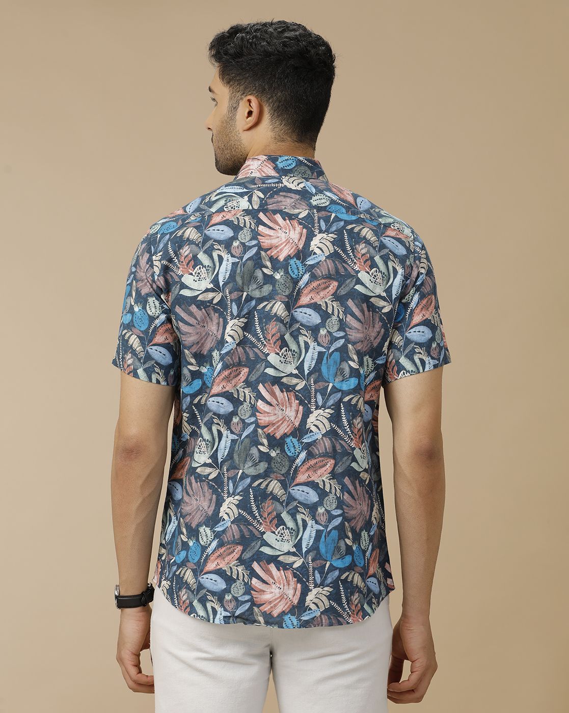 Men's Linen Rich Blue Printed Contemporary Fit Half Sleeve Casual Shirt