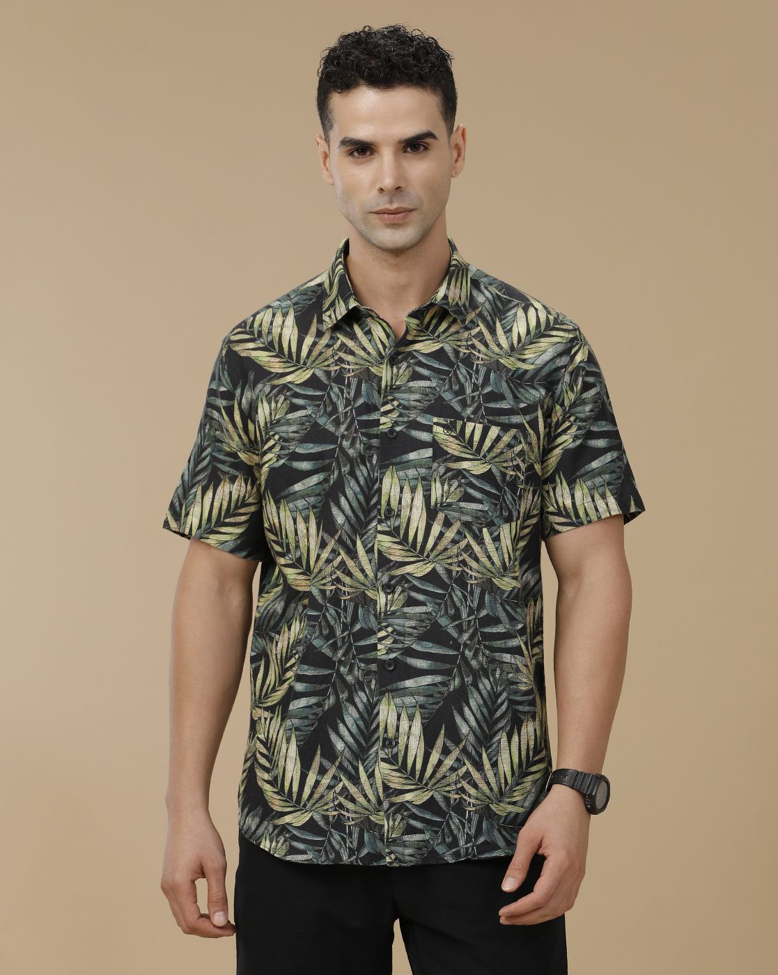 Linen Club Men's Linen Rich Green Printed Contemporary Fit Full Sleeve Casual Shirt