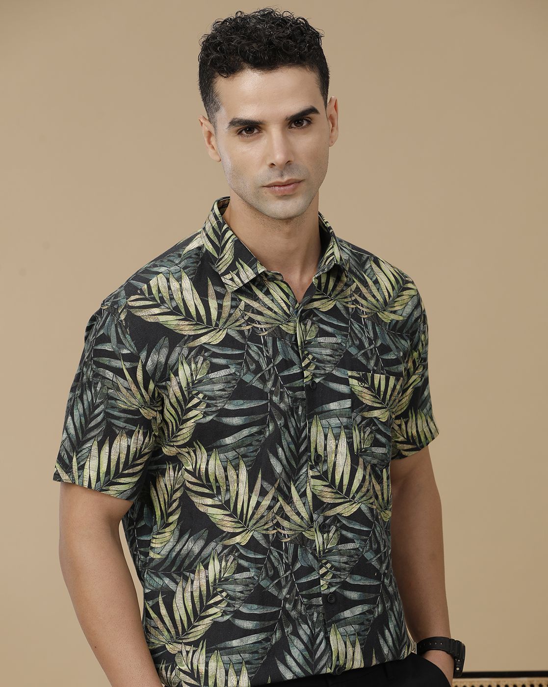 Linen Club Men's Linen Rich Green Printed Contemporary Fit Full Sleeve Casual Shirt