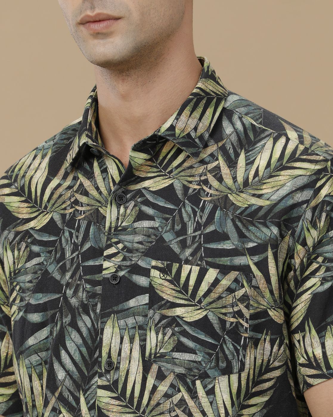 Linen Club Men's Linen Rich Green Printed Contemporary Fit Full Sleeve Casual Shirt