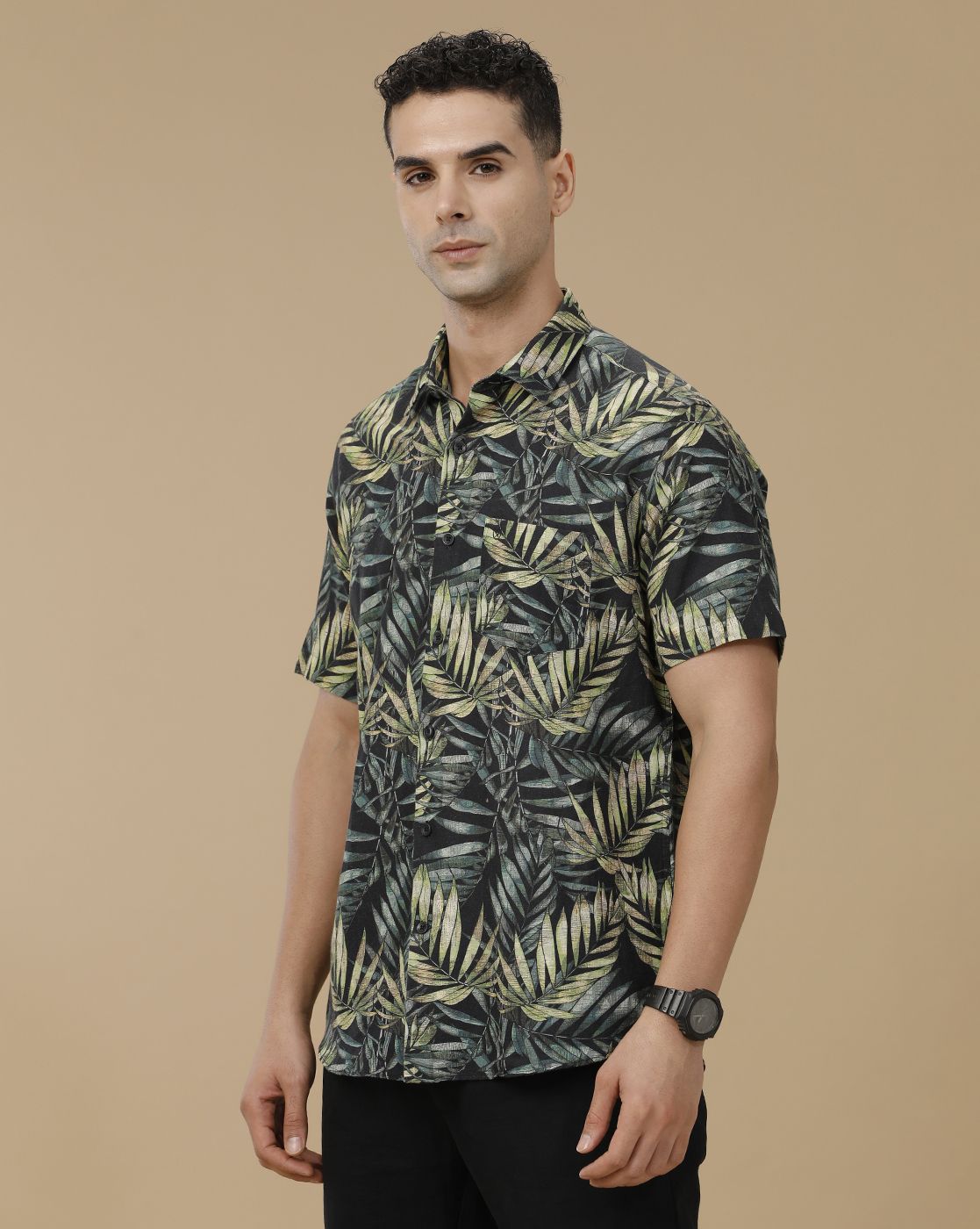Linen Club Men's Linen Rich Green Printed Contemporary Fit Full Sleeve Casual Shirt