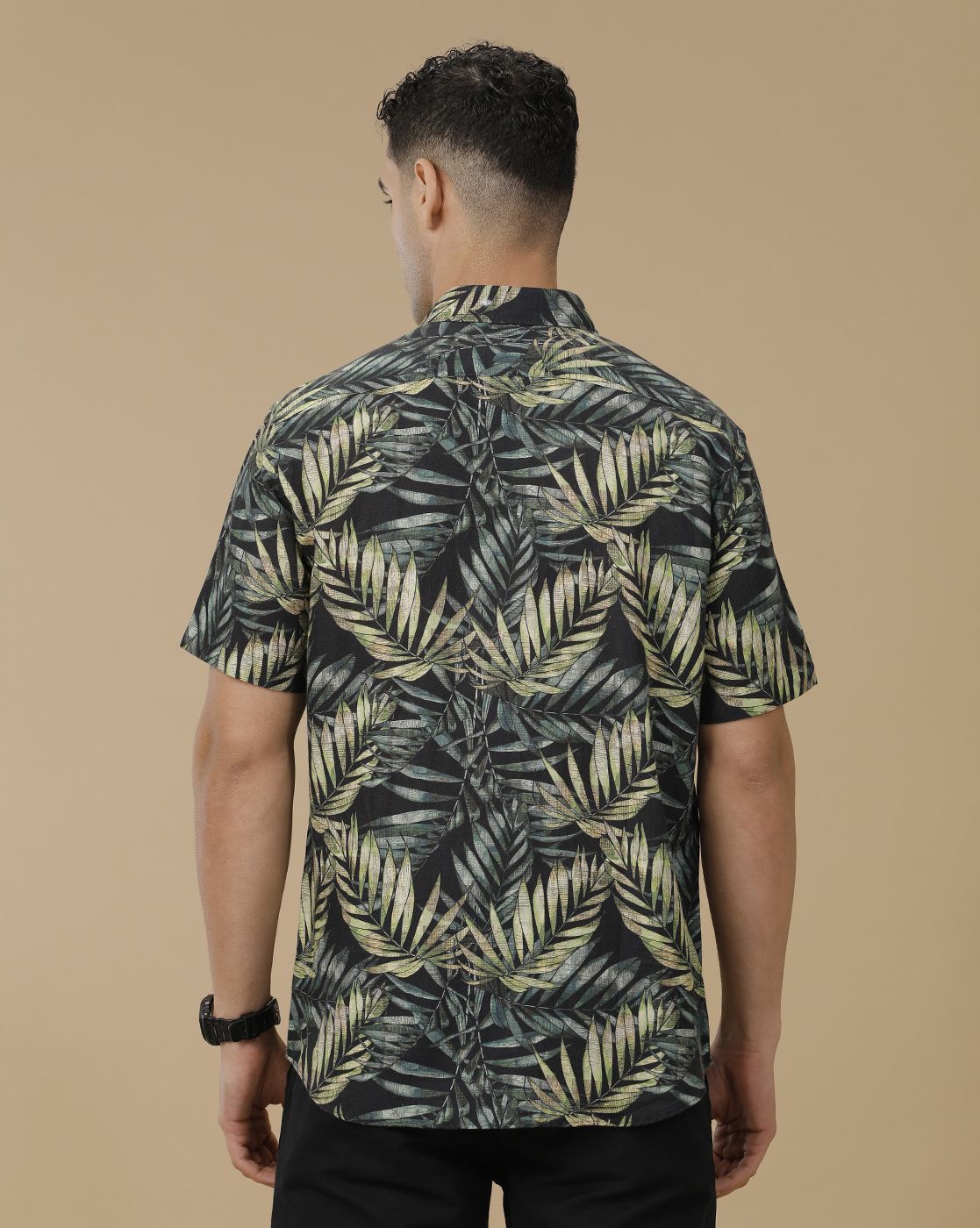 Linen Club Men's Linen Rich Green Printed Contemporary Fit Full Sleeve Casual Shirt