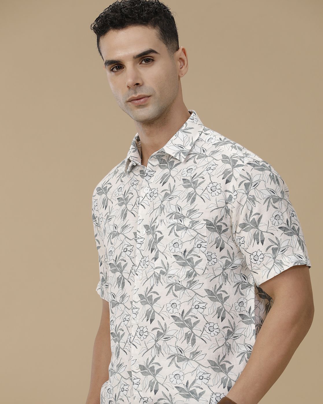 Linen Club Men's Linen Rich White Printed Contemporary Fit Full Sleeve Casual Shirt