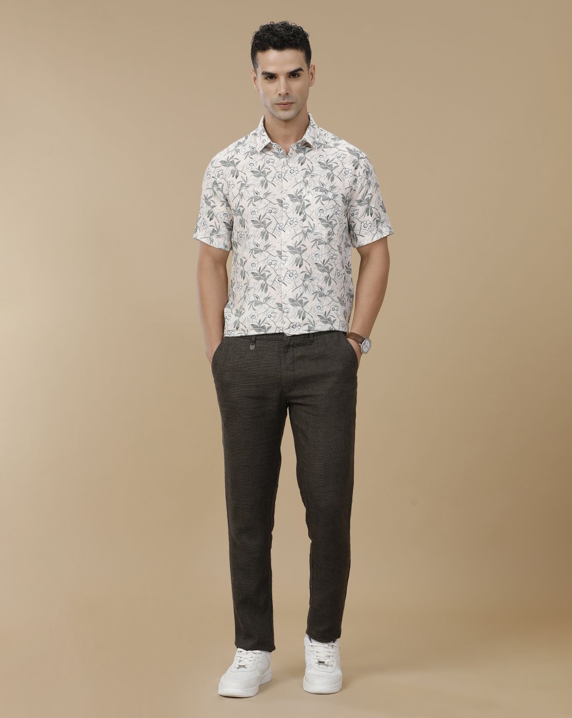 Linen Club Men's Linen Rich White Printed Contemporary Fit Full Sleeve Casual Shirt