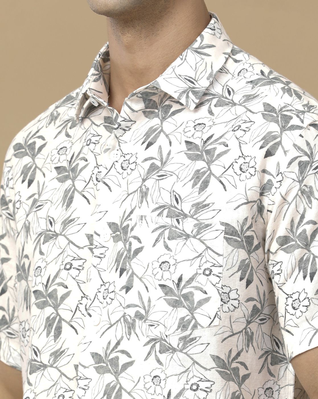 Linen Club Men's Linen Rich White Printed Contemporary Fit Full Sleeve Casual Shirt