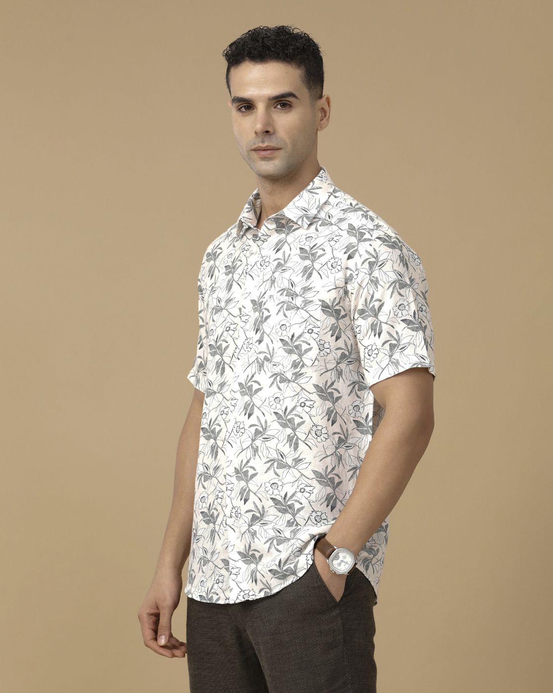 Linen Club Men's Linen Rich White Printed Contemporary Fit Full Sleeve Casual Shirt