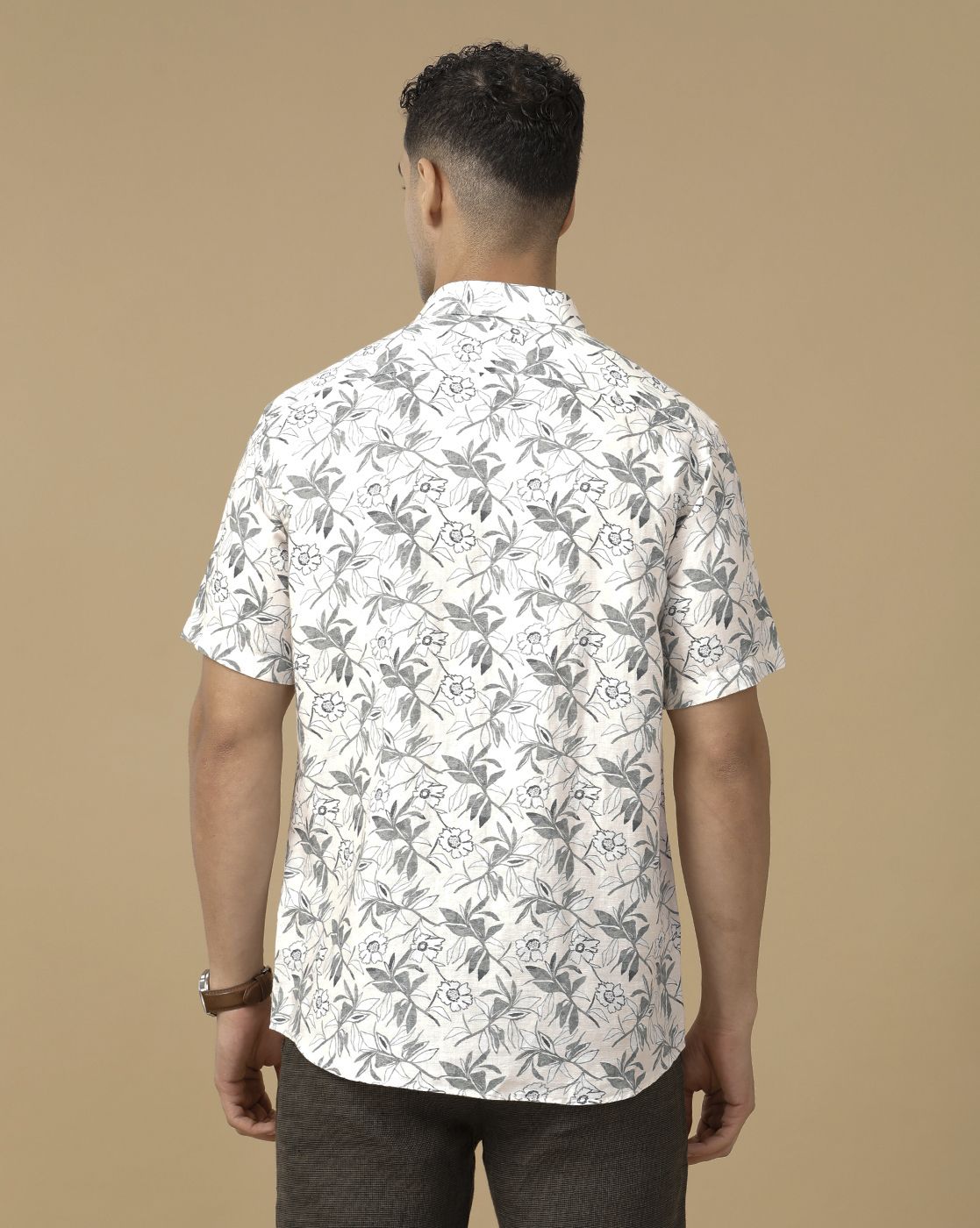 Linen Club Men's Linen Rich White Printed Contemporary Fit Full Sleeve Casual Shirt
