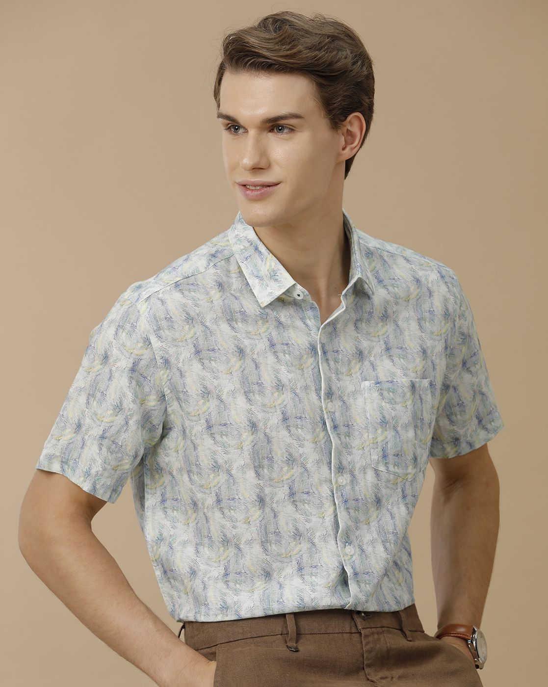 Men's Linen Rich Blue Printed Contemporary Fit Half Sleeve Casual Shirt