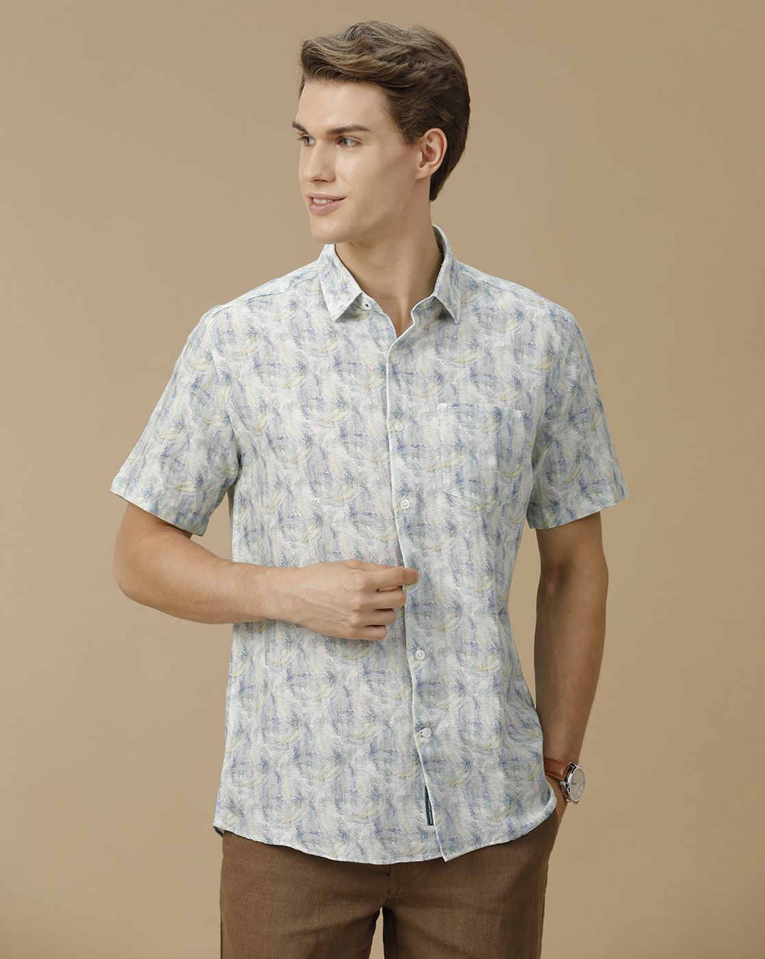 Men's Linen Rich Blue Printed Contemporary Fit Half Sleeve Casual Shirt