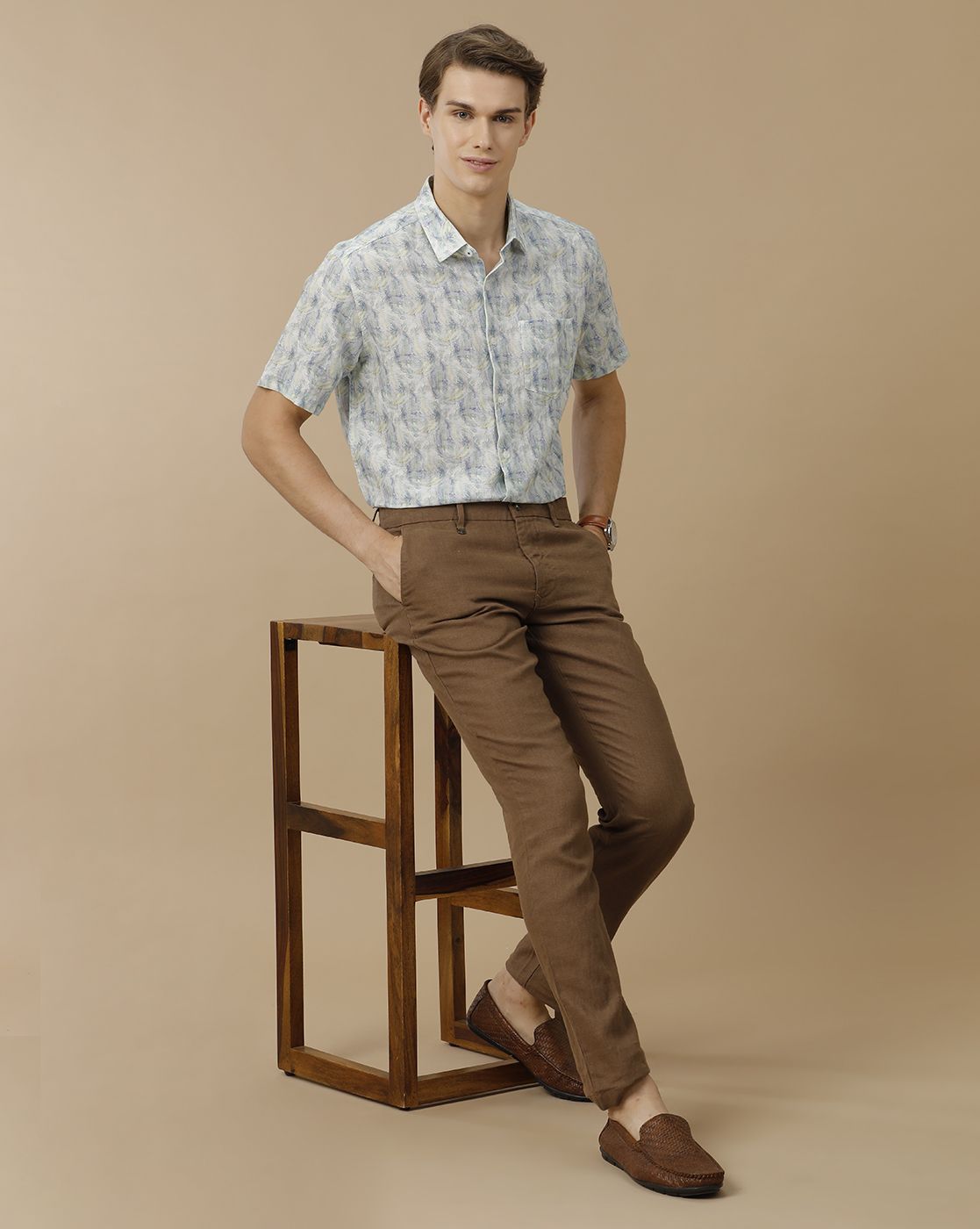 Men's Linen Rich Blue Printed Contemporary Fit Half Sleeve Casual Shirt