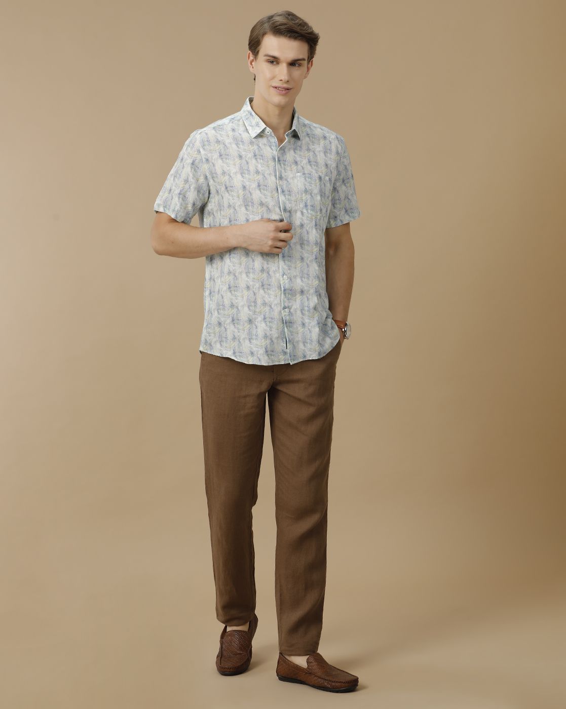 Men's Linen Rich Blue Printed Contemporary Fit Half Sleeve Casual Shirt