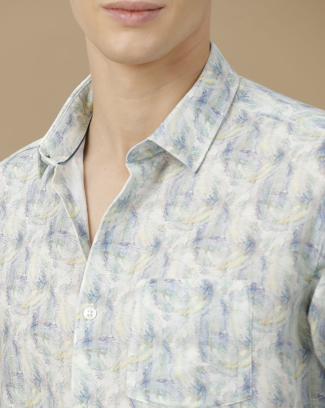 Men's Linen Rich Blue Printed Contemporary Fit Half Sleeve Casual Shirt