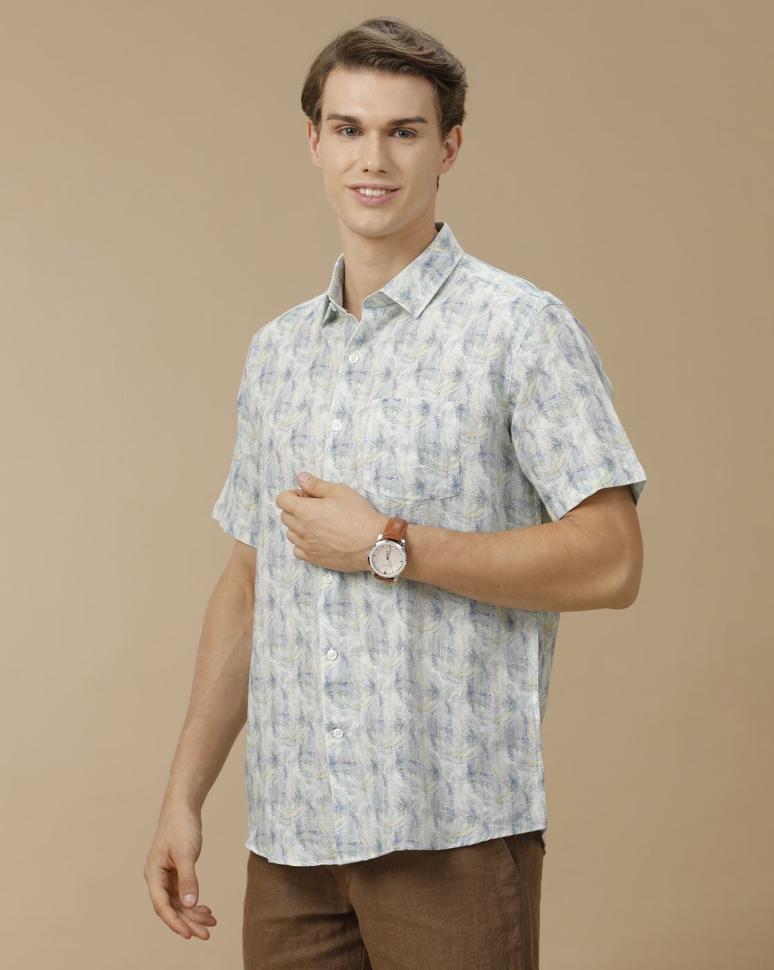 Men's Linen Rich Blue Printed Contemporary Fit Half Sleeve Casual Shirt