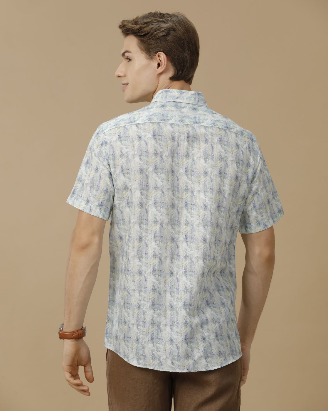 Men's Linen Rich Blue Printed Contemporary Fit Half Sleeve Casual Shirt