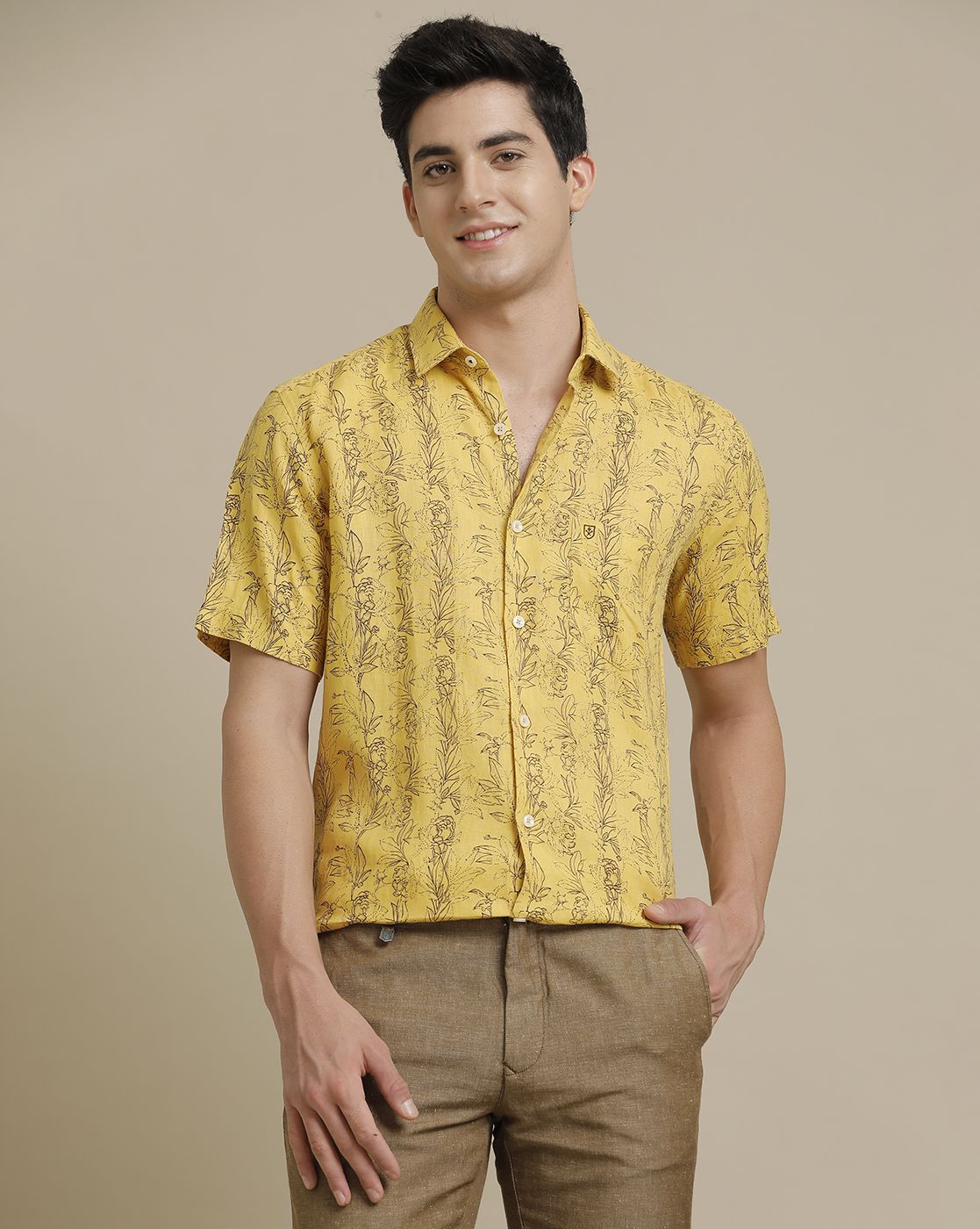 Linen Club Men's Pure Linen Yellow Printed Regular Fit Half Sleeve Casual Shirt