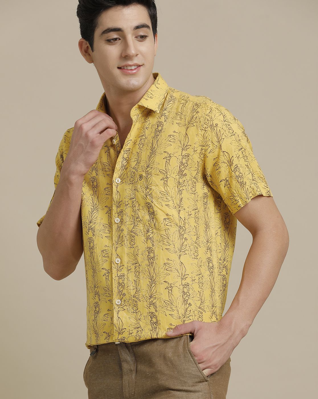 Linen Club Men's Pure Linen Yellow Printed Regular Fit Half Sleeve Casual Shirt