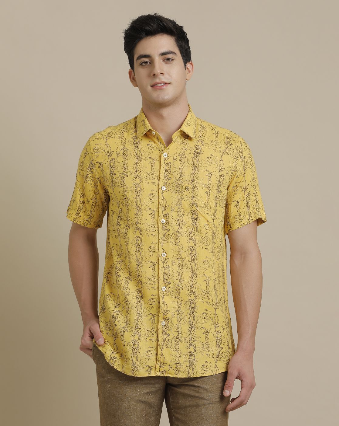 Linen Club Men's Pure Linen Yellow Printed Regular Fit Half Sleeve Casual Shirt