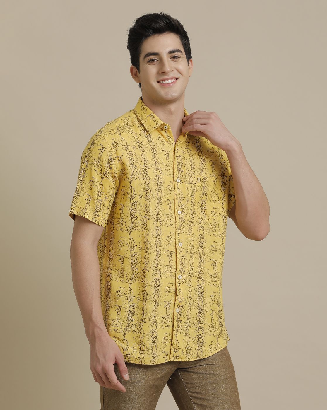 Linen Club Men's Pure Linen Yellow Printed Regular Fit Half Sleeve Casual Shirt