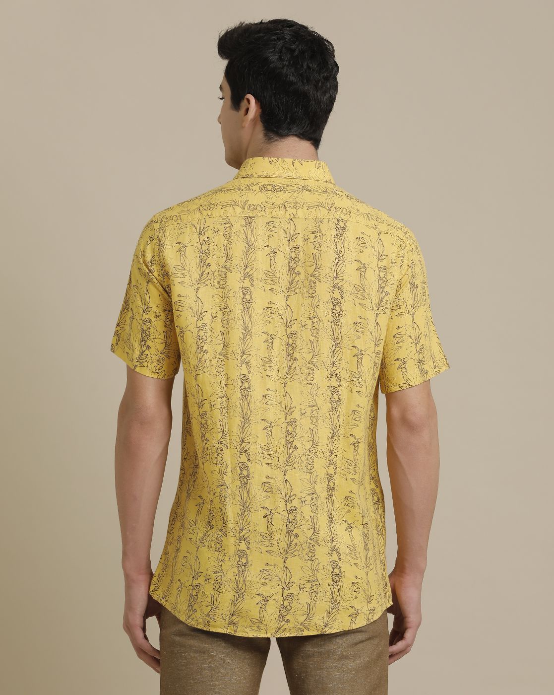 Linen Club Men's Pure Linen Yellow Printed Regular Fit Half Sleeve Casual Shirt