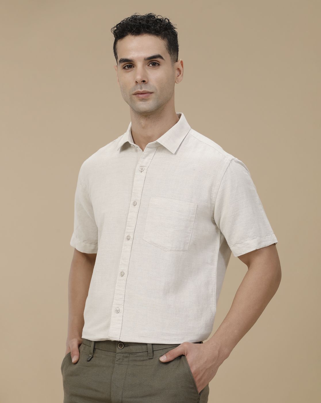 Linen Club Men's Linen Rich Beige Solid Contemporary Fit Full Sleeve Casual Shirt