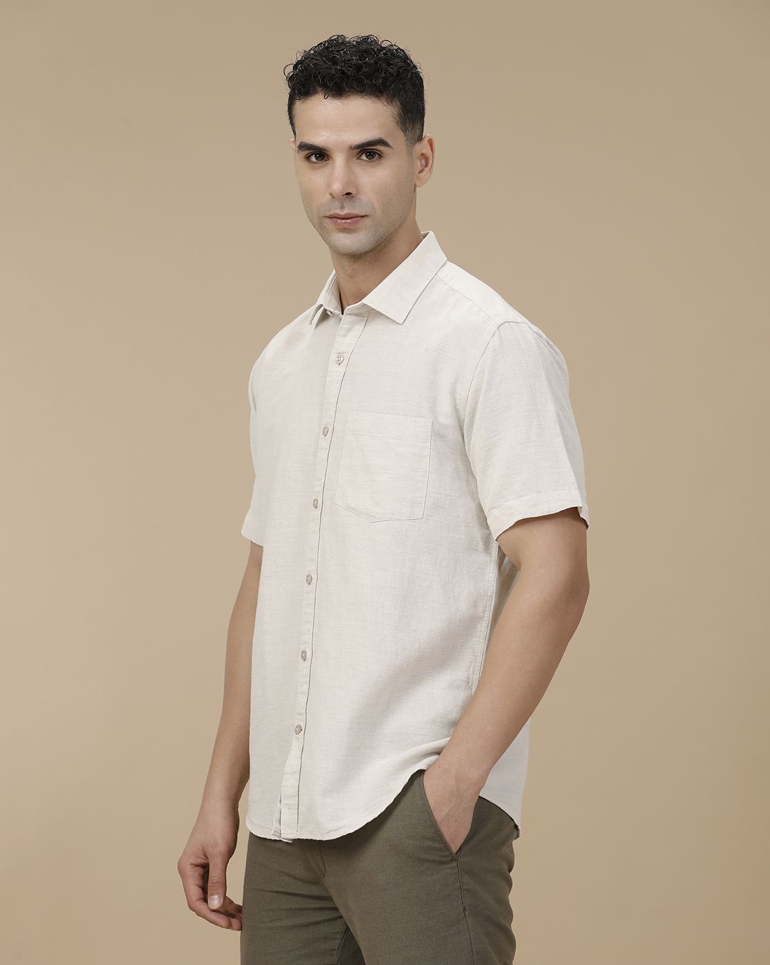 Linen Club Men's Linen Rich Beige Solid Contemporary Fit Full Sleeve Casual Shirt