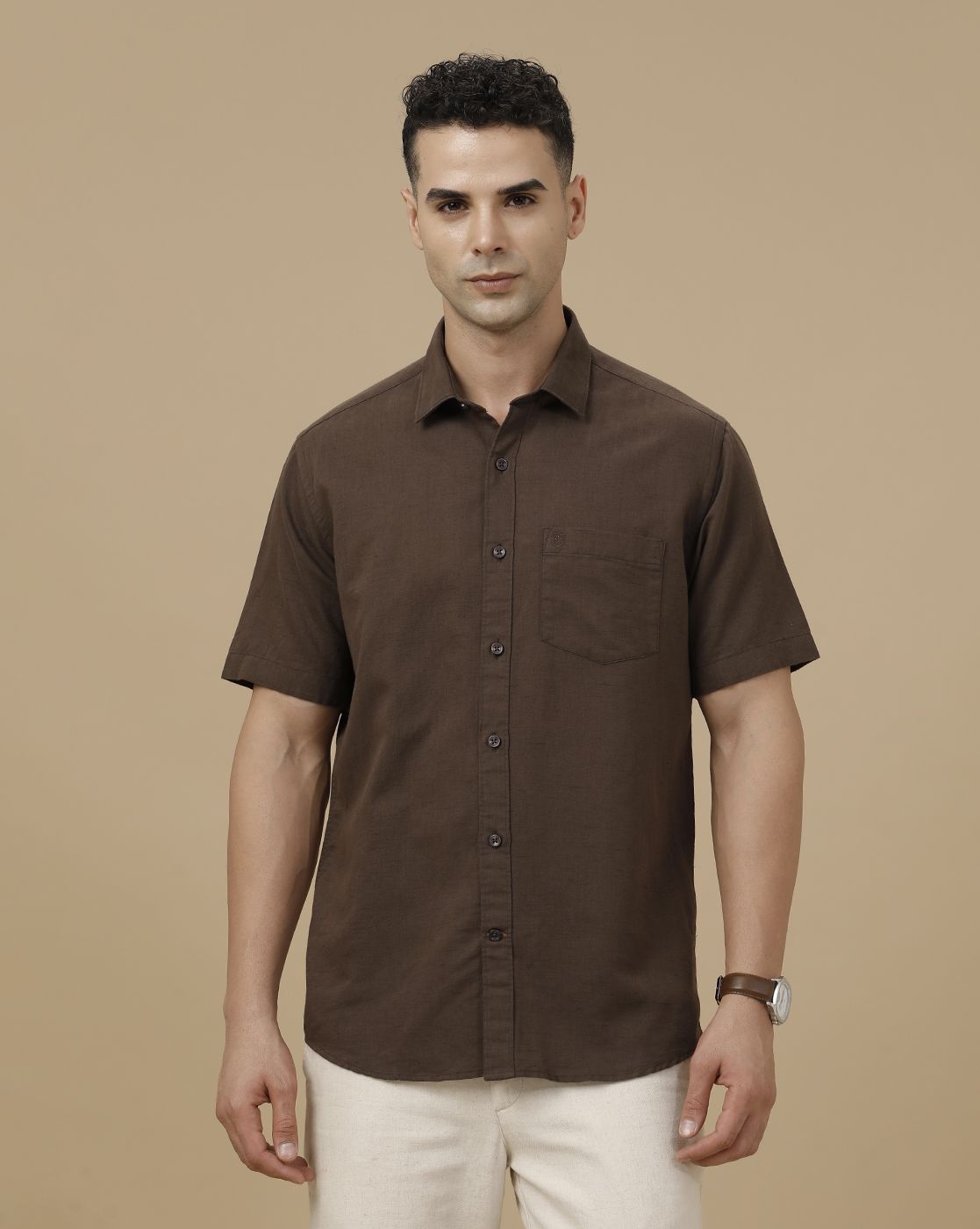Linen Club Men's Linen Rich Brown Solid Contemporary Fit Full Sleeve Casual Shirt