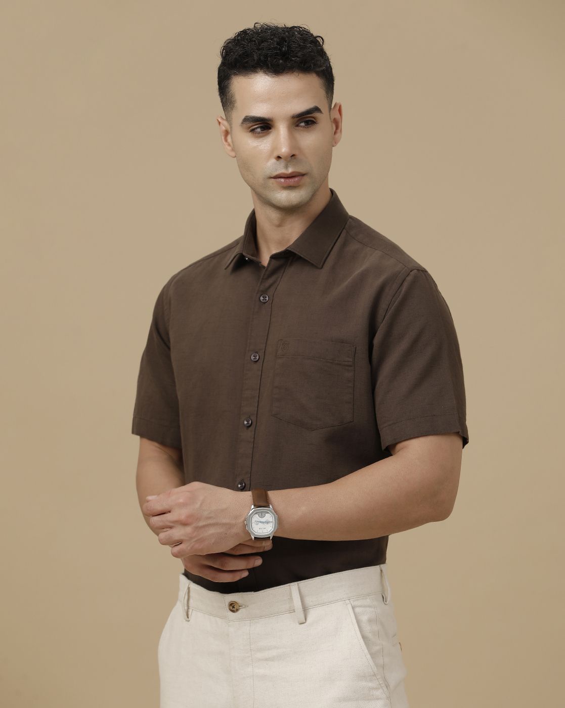 Linen Club Men's Linen Rich Brown Solid Contemporary Fit Full Sleeve Casual Shirt